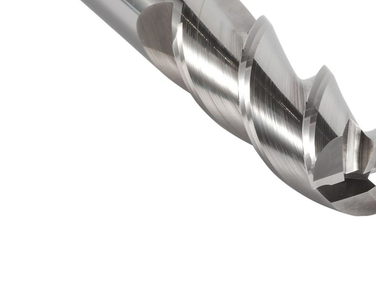Uncoated three-flute solid carbide end mill for aluminium, close-up of the flutes and cutting edges
