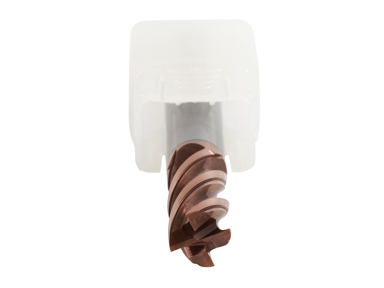 End face of a bronze-coated end mill in a white holder