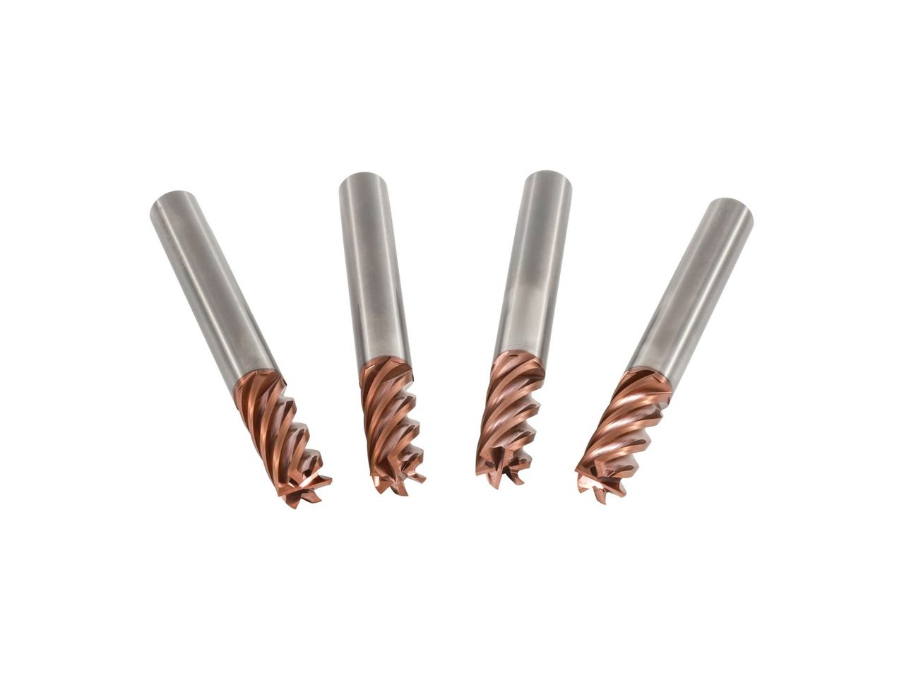 Four bronze-coated end mills arranged diagonally