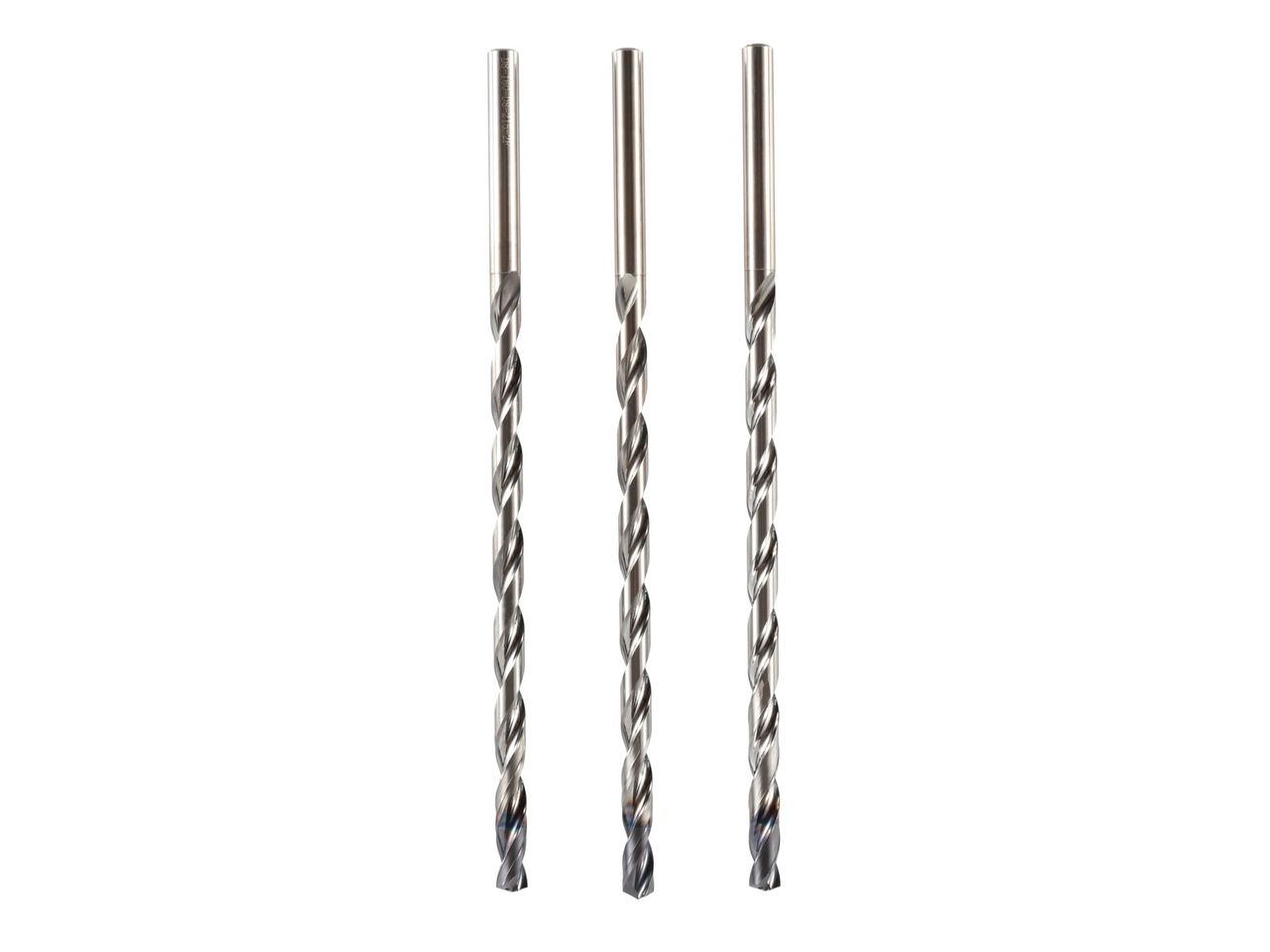 Three long spiral-fluted deep-hole drills standing side by side