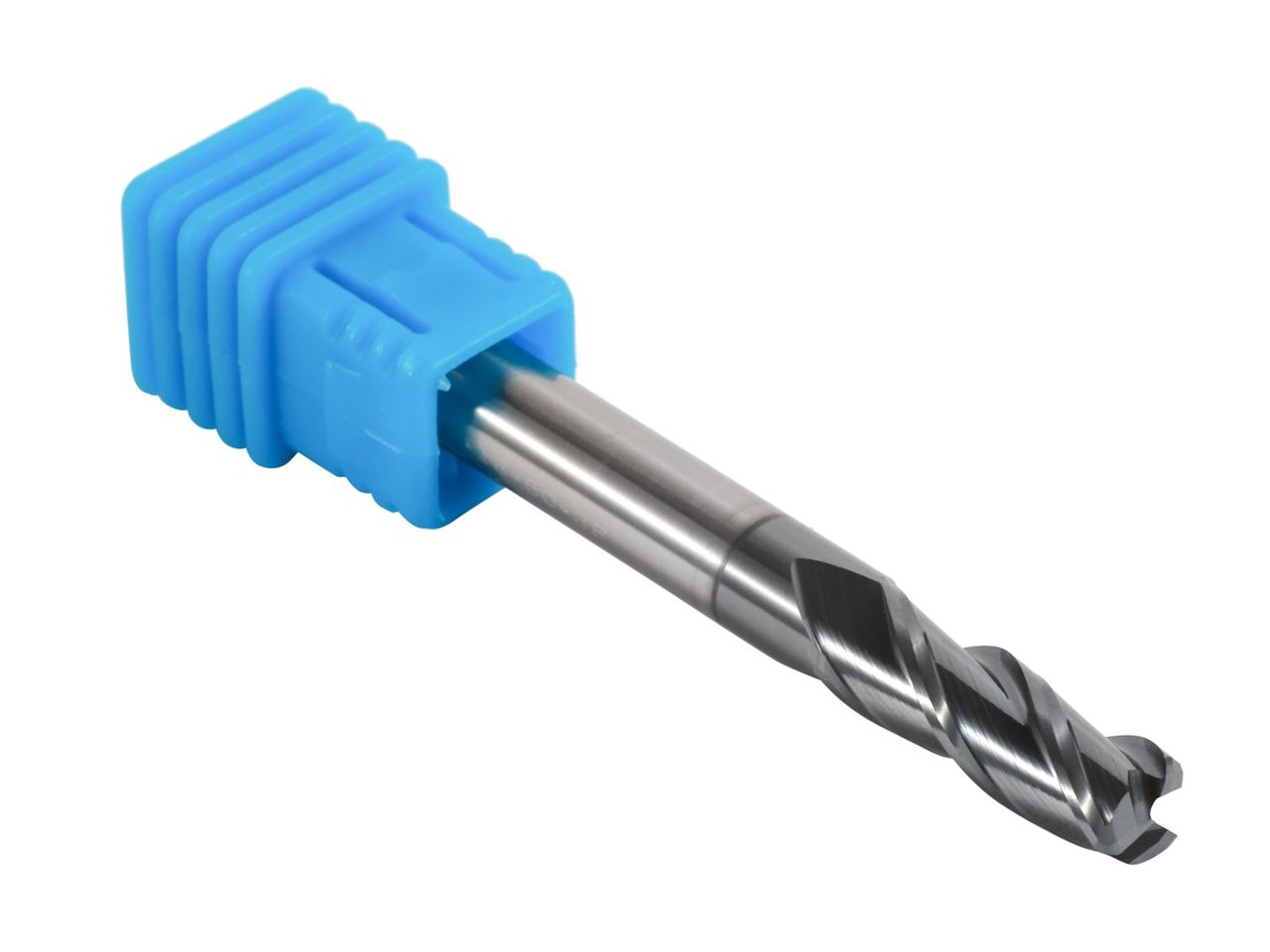 Solid carbide corner radius end mill in a blue protective holder