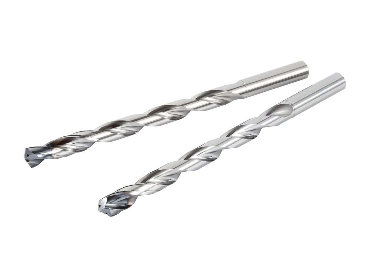 Two long spiral-fluted solid carbide deep-hole drills