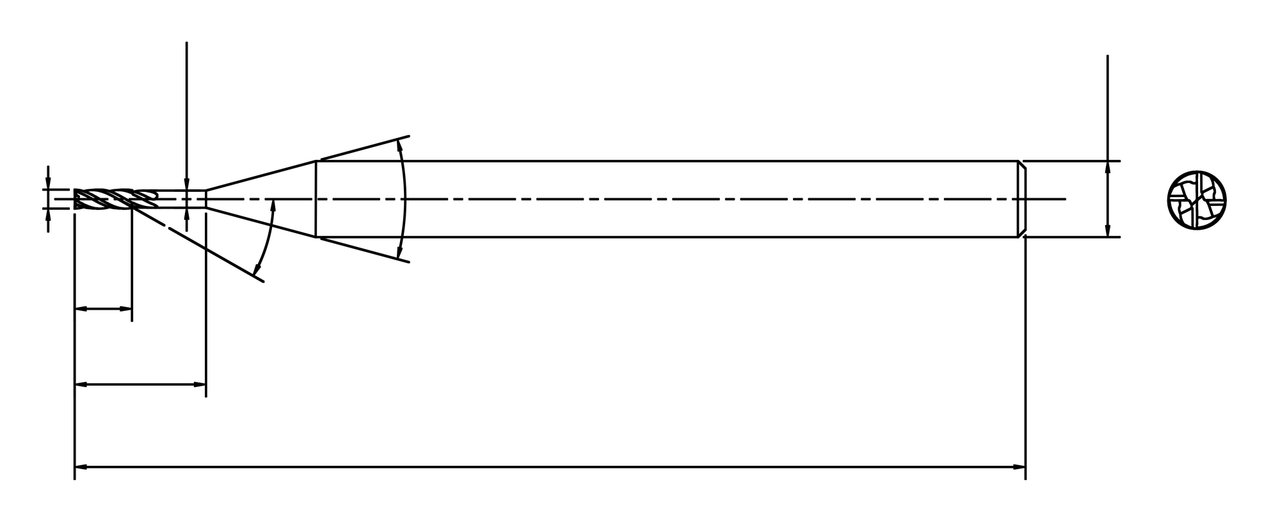 Tool drawing: long-neck four-flute end mill, dimension lines only