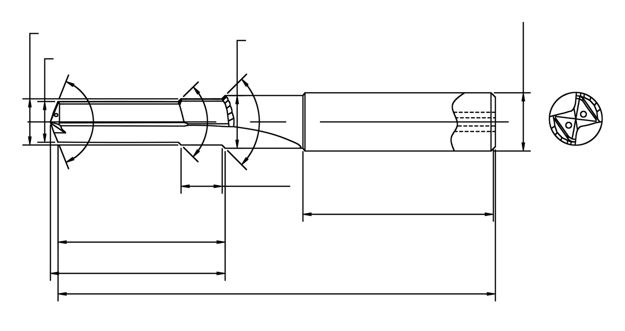 Tool drawing: multi-step drill with through-coolant, dimension lines only