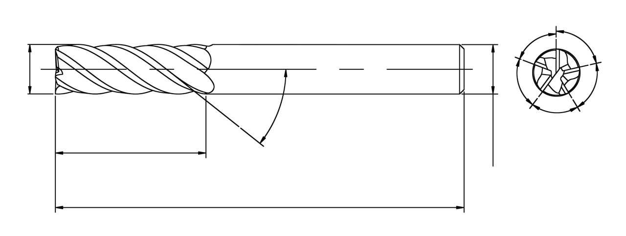 Tool drawing: five-flute end mill with unequal flute spacing, dimension lines only