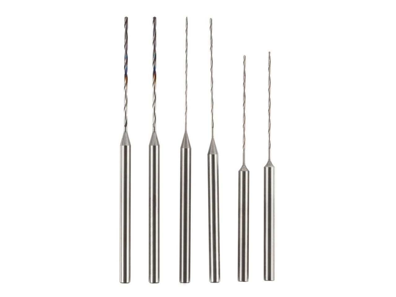 Six slender micro drills with cylindrical shanks