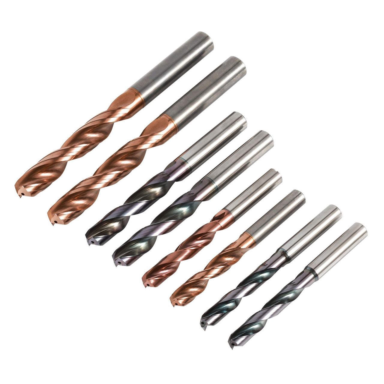 Eight solid carbide drills with through-coolant holes, bronze and grey coated