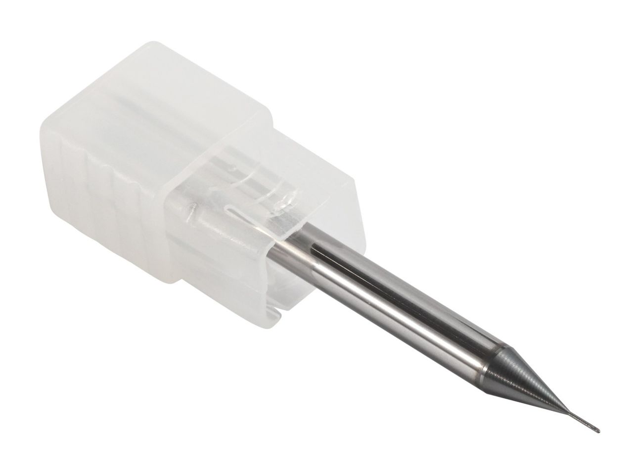 Solid carbide micro drill in a clear protective holder