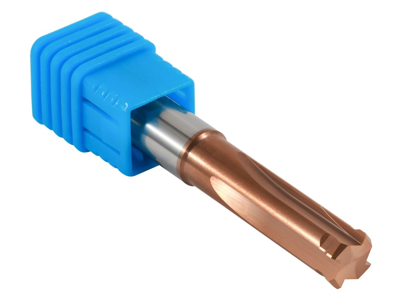Bronze-coated custom carbide tool with a stepped, multi-flute cutting end in a blue protective holder